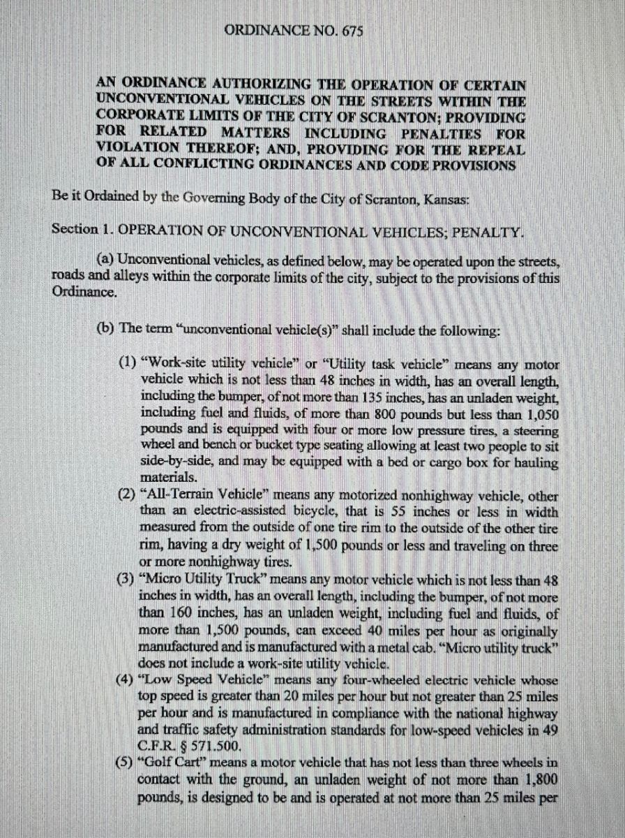 page 1 of ordinance about unconventional vehicles